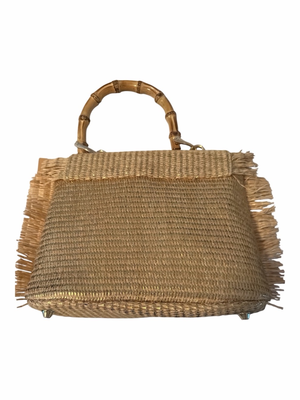 Tommy Bahama Woven Raffia Straw Fringe Bamboo Handle crossbody bag gold NWT - Picture 3 of 4